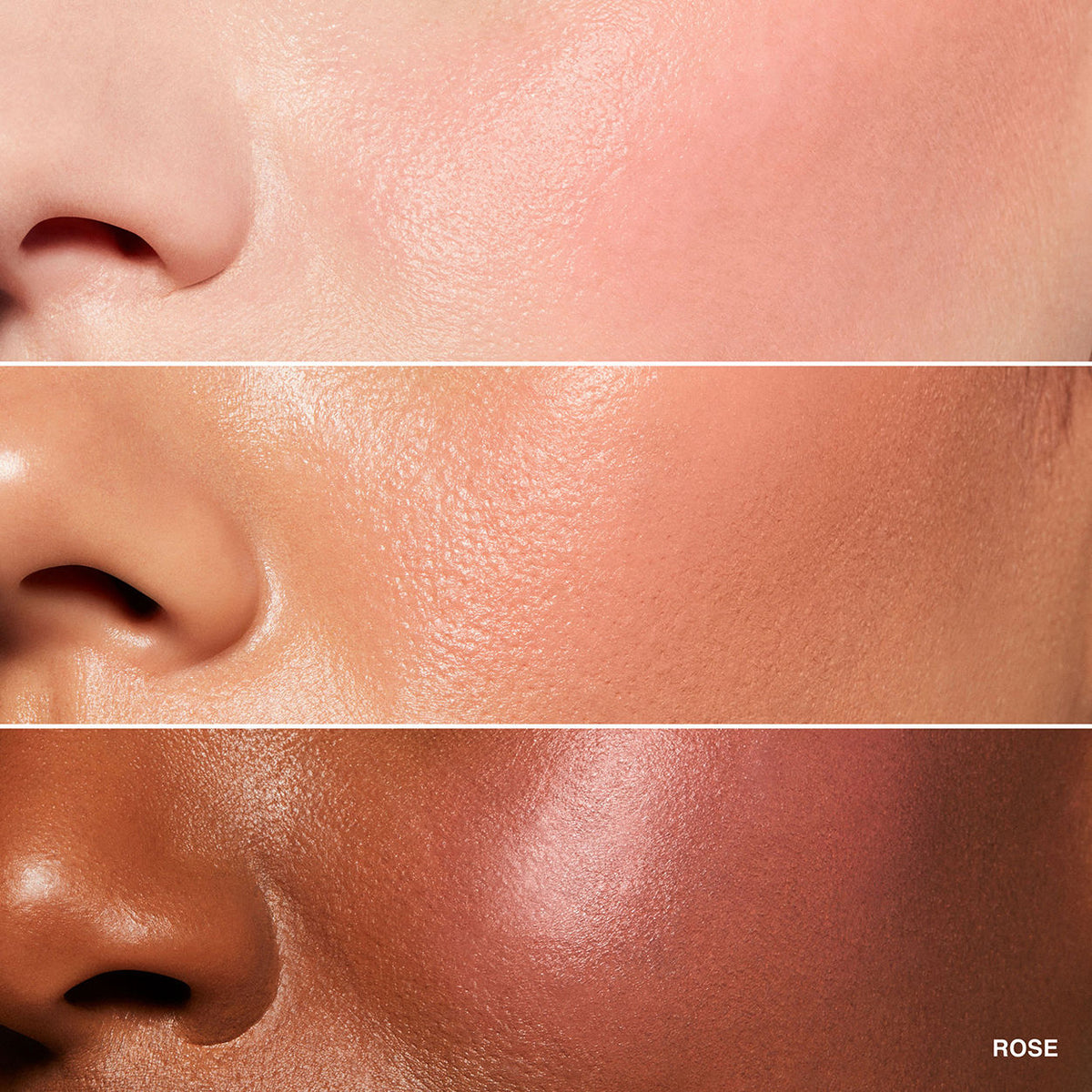 Three close-up shots of cheeks with rose-colored Pot Rouge For Lips and Cheeks applied, shown on different skin tones.