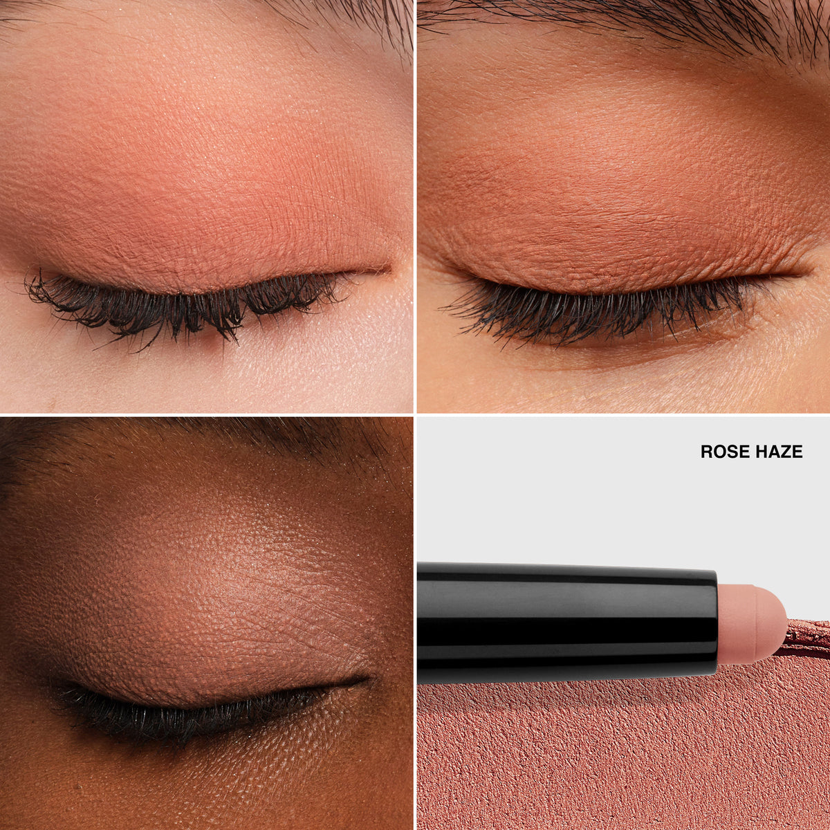 Three close-up views of eyes wearing matte pink Bobbi Brown Long-Wear Waterproof Cream Eyeshadow Stick in Rose Haze, shown next to a product swatch.