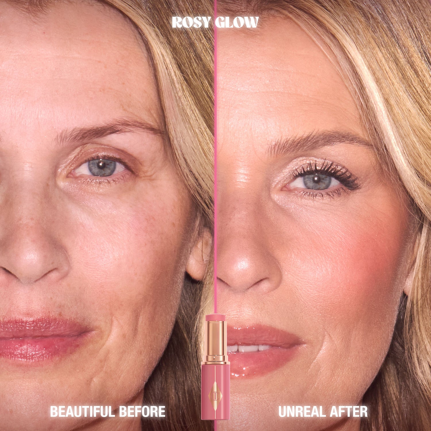 Before and after results of using Charlotte Tilbury Unreal Lip + Cheek Glow Blush Stick with Hyaluronic Acid variant: Rosy Glow