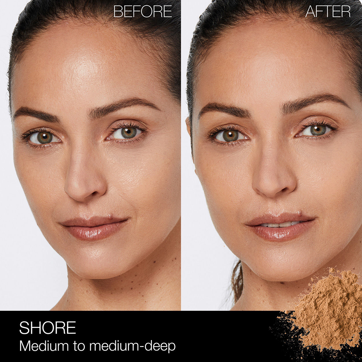 Before and after results of using Nars Light Reflecting Loose Setting Powder variant: Shore
