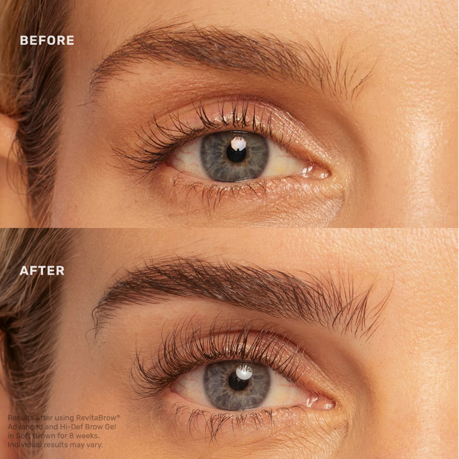 Before and after results of using RevitaLash Hi Def Brow Gel variant: Soft Brown