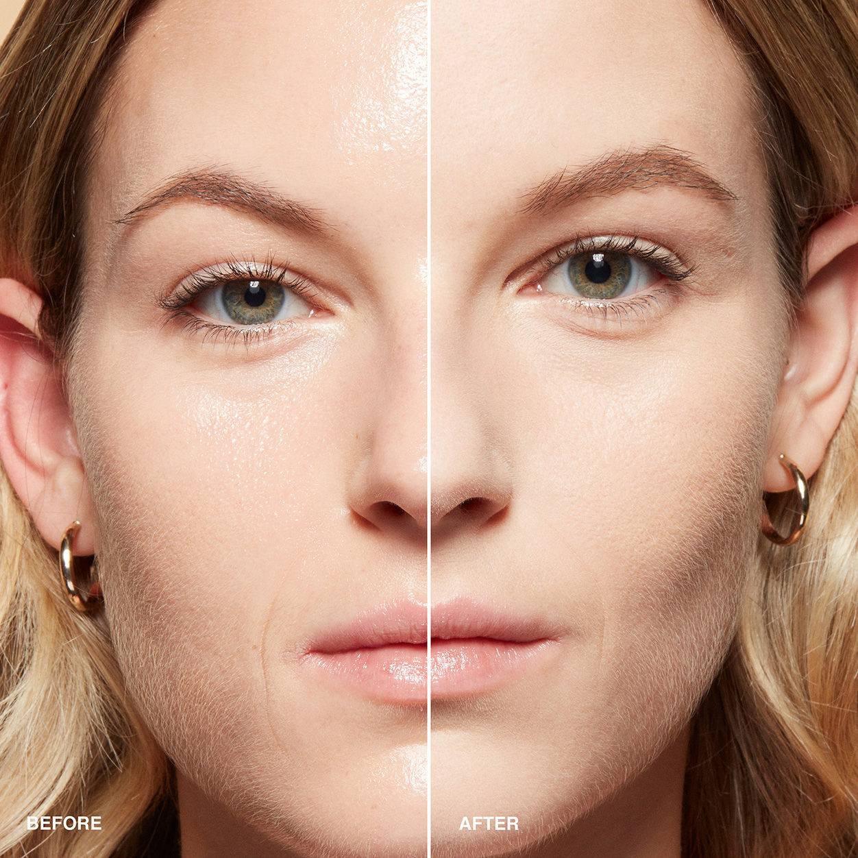 Before and after results of using Bobbi Brown Sheer Finish Pressed Powder variant: Soft Porcelain