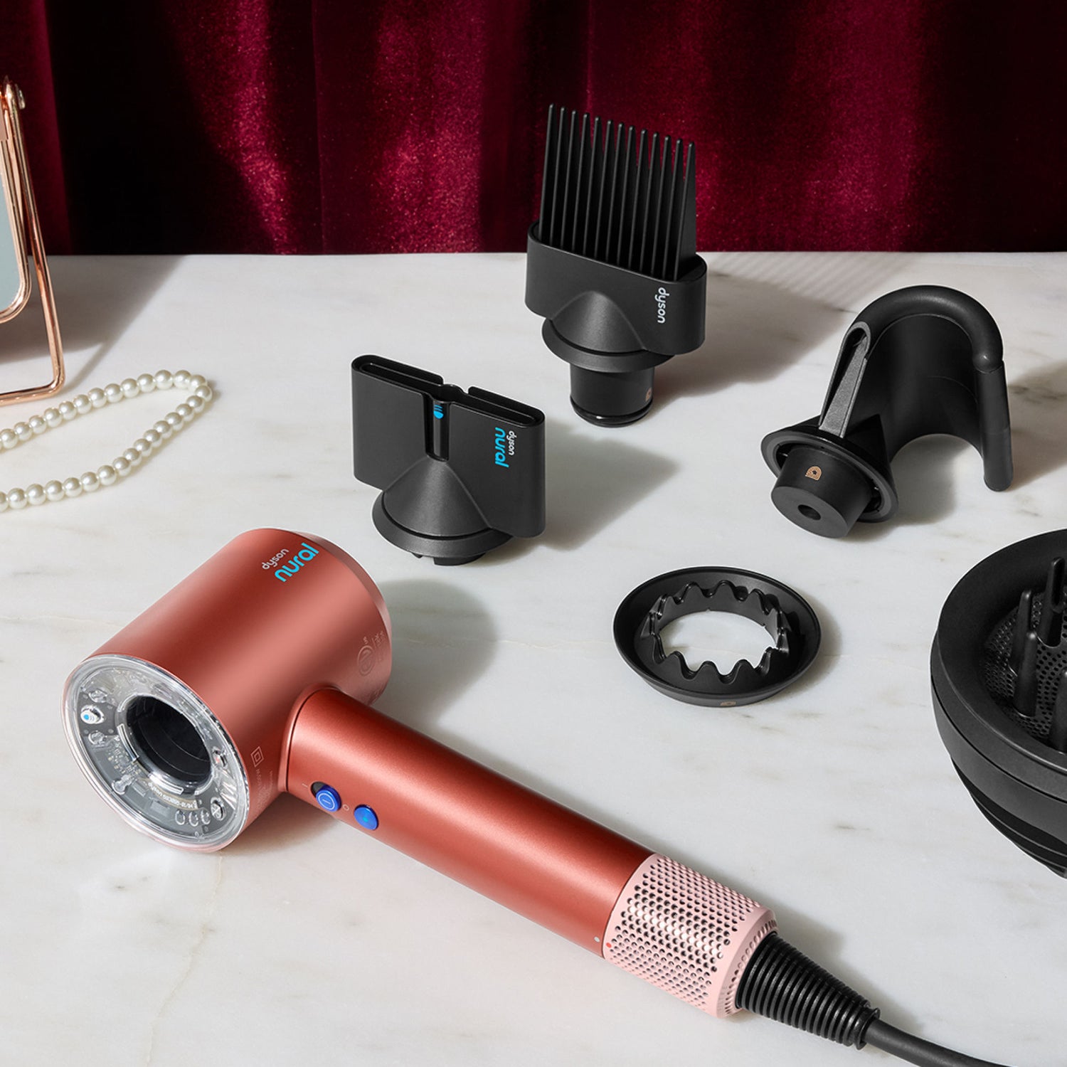 Lifestyle image of Dyson Supersonic Nural Hair Dryer variant: Strawberry Bronze and Blush Pink (Special Edition)