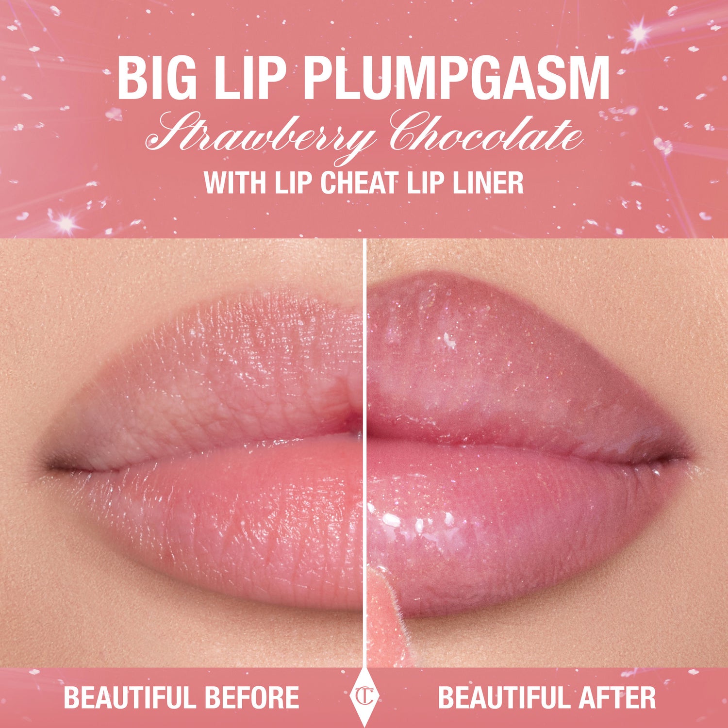 Before and after results of using Charlotte Tilbury Pillow Talk Big Lip Plumpgasm variant: Strawberry Chocolate (Limited Edition)