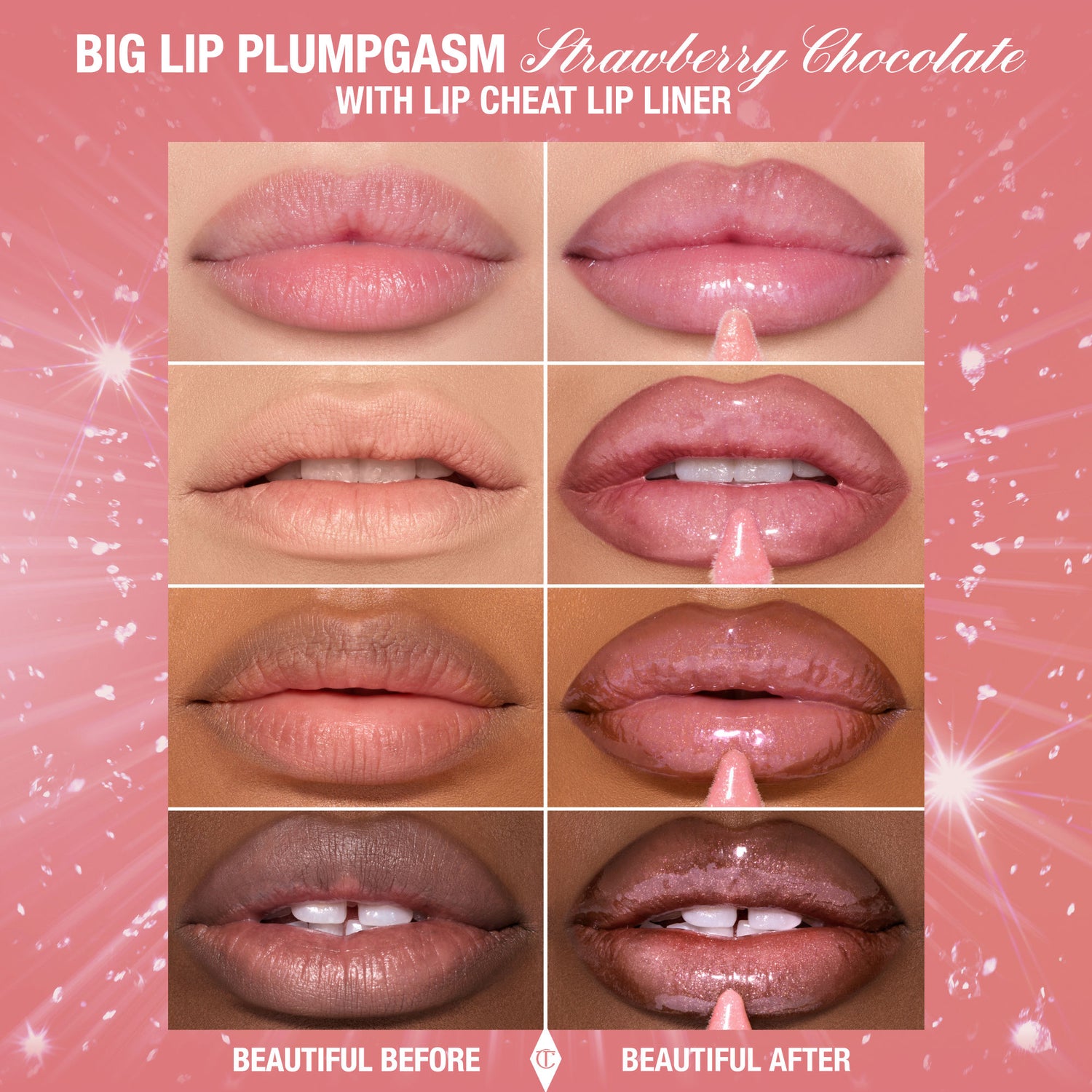 Before and after results of using Charlotte Tilbury Pillow Talk Big Lip Plumpgasm variant: Strawberry Chocolate (Limited Edition)