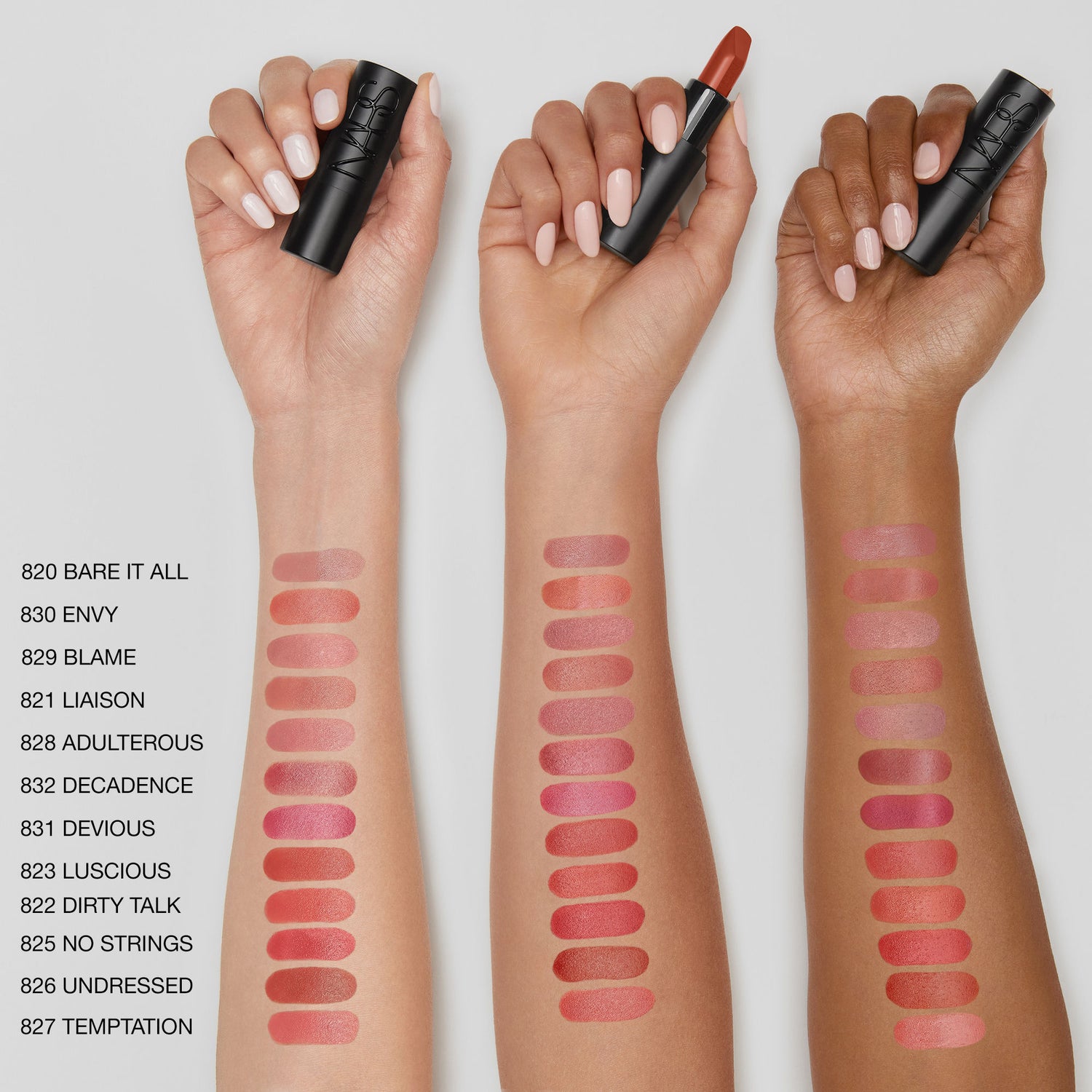 An arm swatch of Nars Explicit Lipstick variant: Temptation 827 (peach pink)