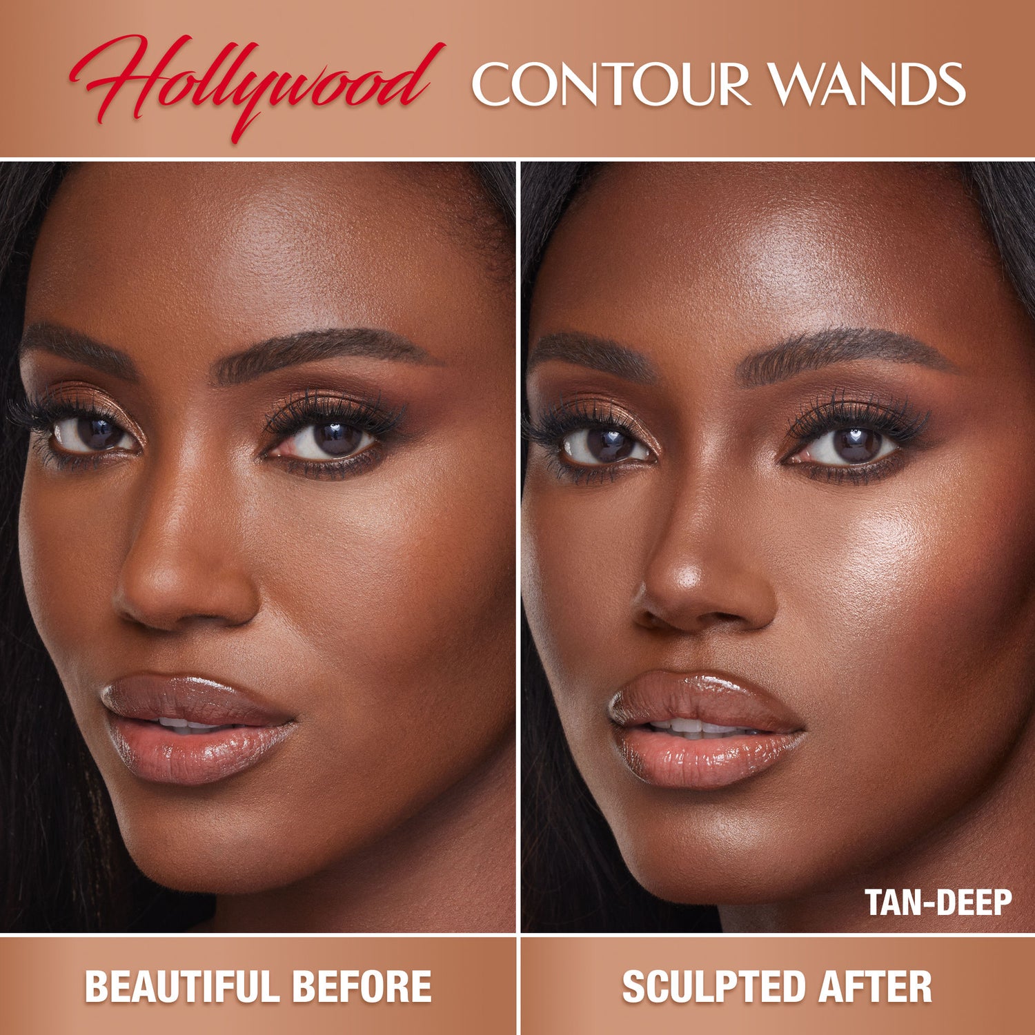 Before and after results of using Charlotte Tilbury Hollywood Contour Wand variant: Tan-Deep