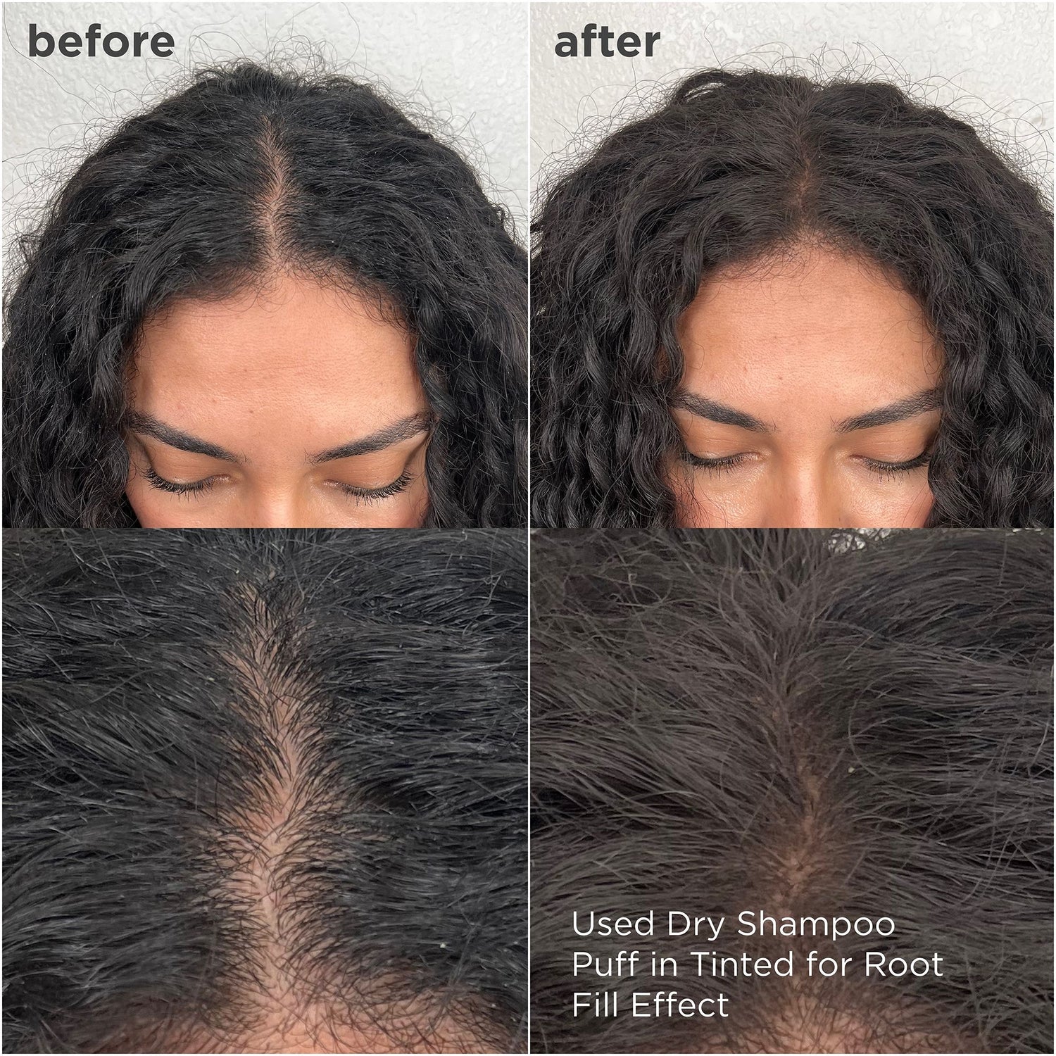 Before and after results of using Briogeo Style + Treat Dry Shampoo Puff variant: Tinted