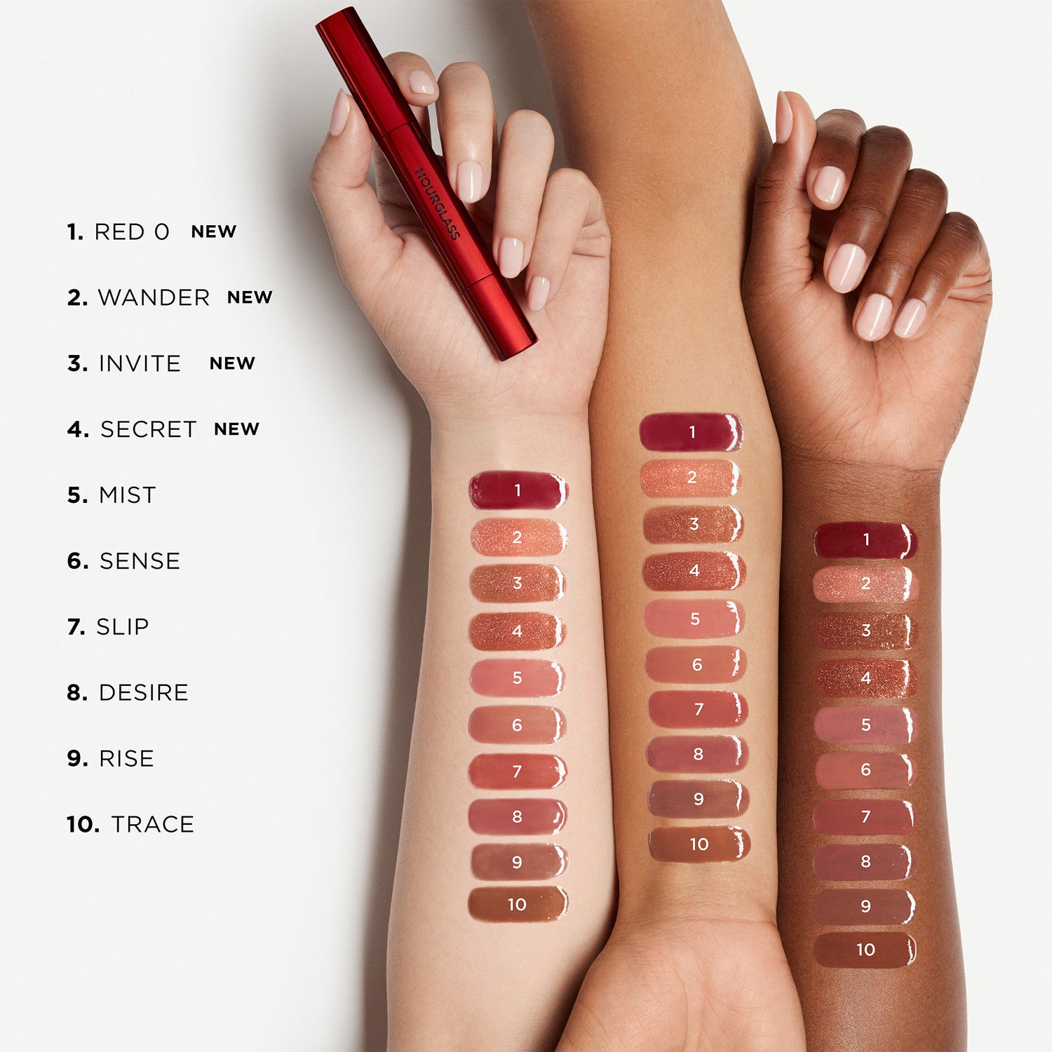 An arm swatch of Hourglass Phantom Volumizing Glossy Balm variant: Trace