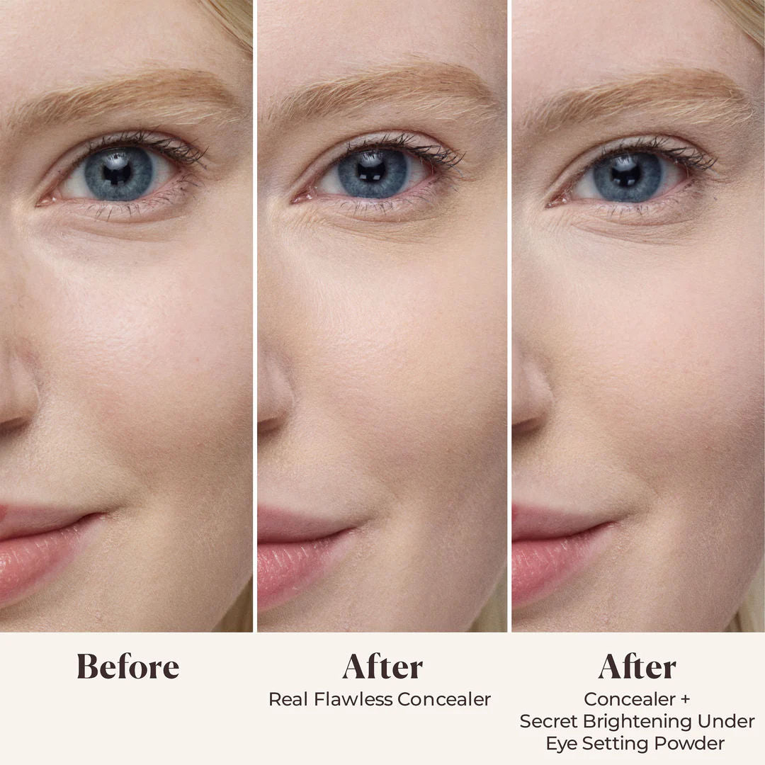 Before and after results of using Laura Mercier Secret Brightening Color Correcting Under Eye Setting Powder variant: Translucent