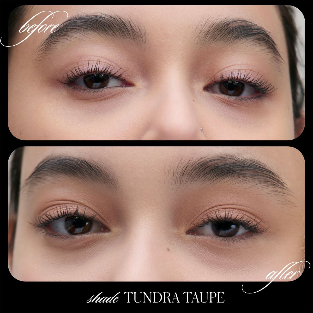 Before and after comparison of eyes with and without Tundra Taupe Cashmere Matte Eyelights, showing the creaseproof finish.