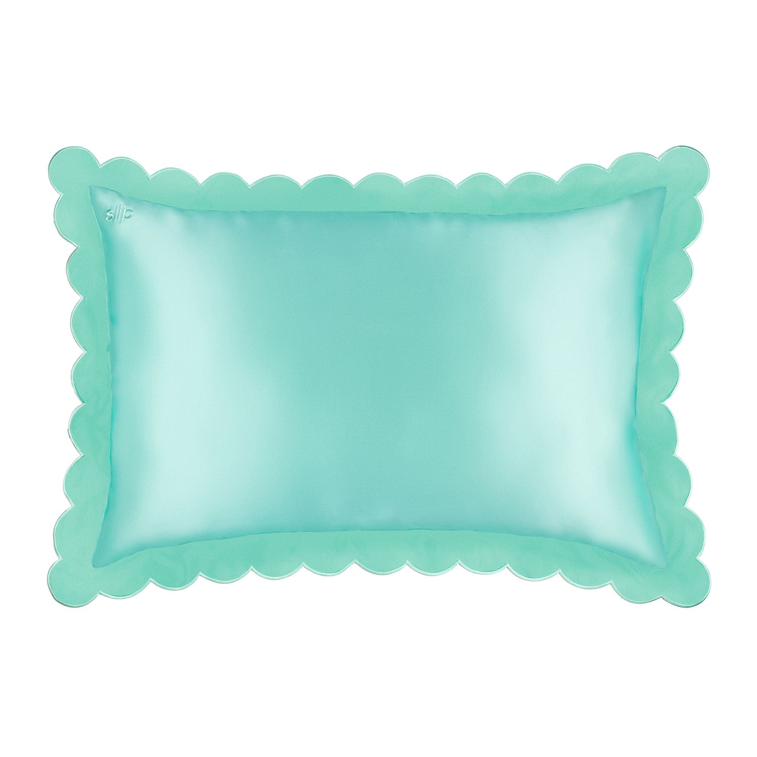 Image of an open Slip Pure Silk Queen Pillowcase with Scalloped Edge variant: Turquoise (Limited Edition)
