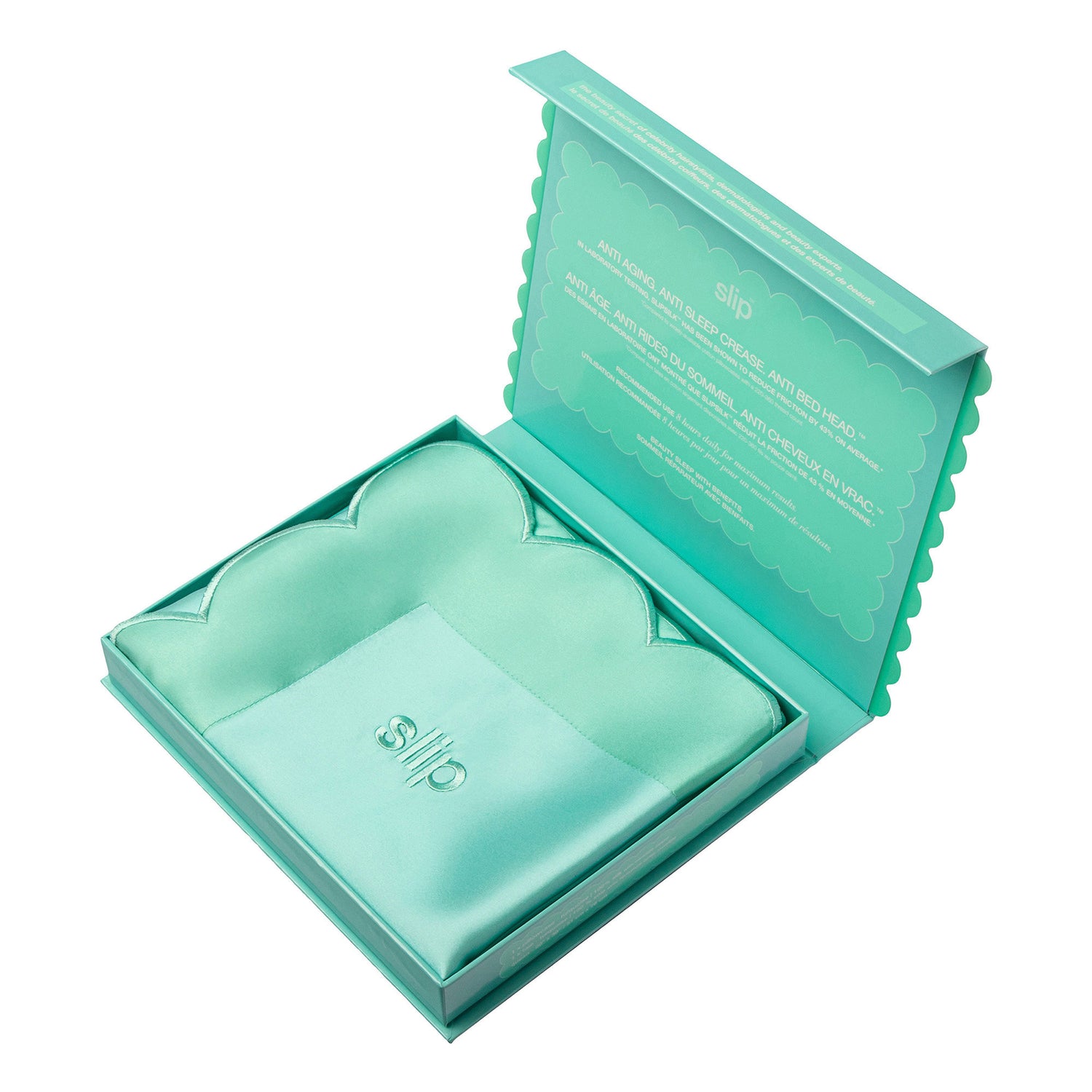 Image of an open Slip Pure Silk Queen Pillowcase with Scalloped Edge variant: Turquoise (Limited Edition)