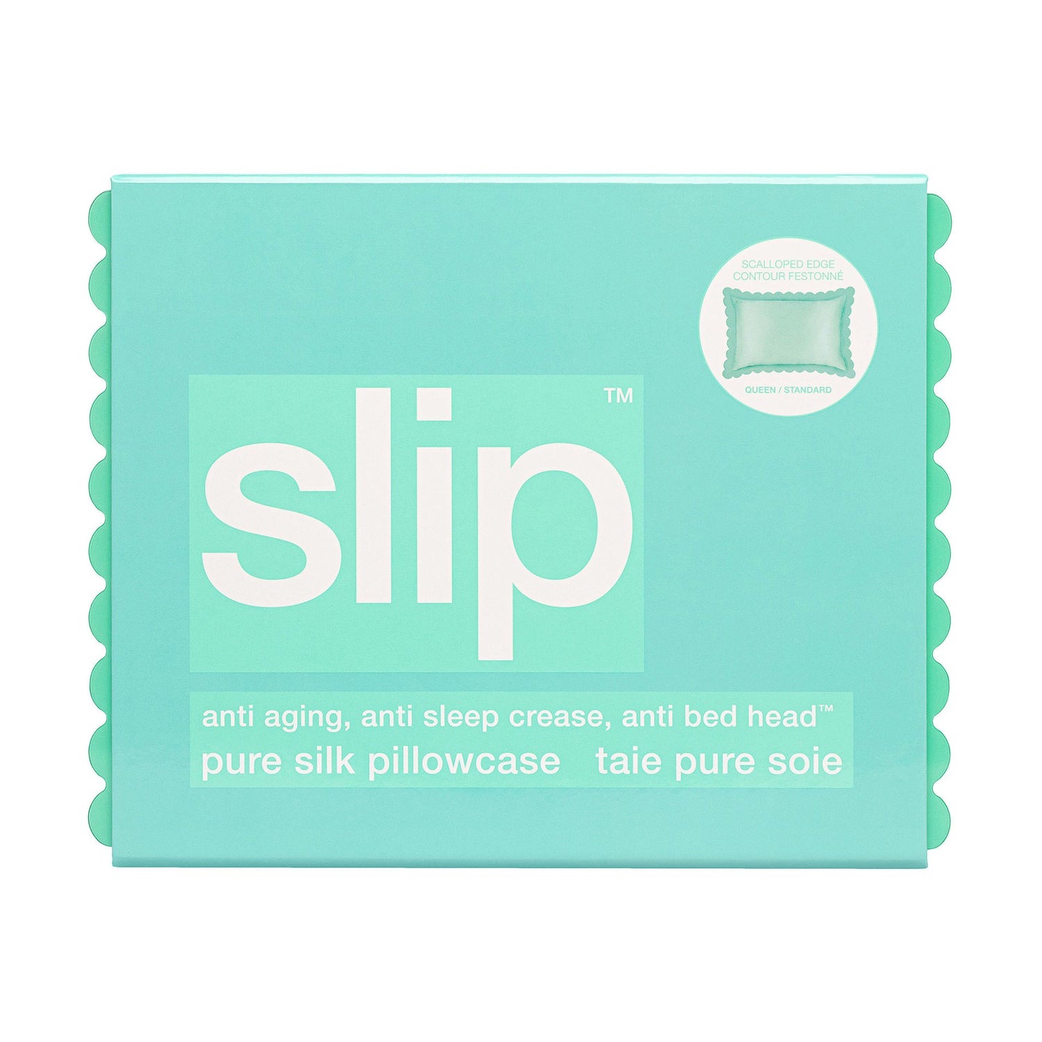 Image of the Slip Pure Silk Queen Pillowcase with Scalloped Edge variant: Turquoise (Limited Edition) box