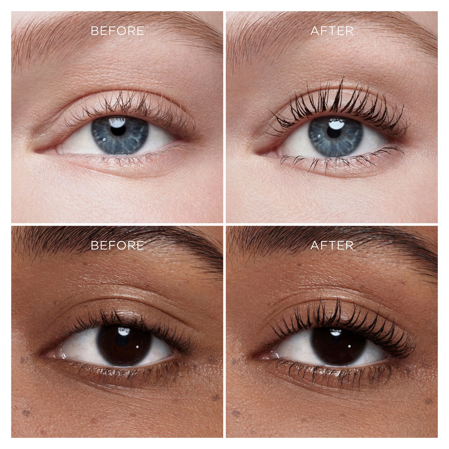Before and after results of using Hourglass Unlocked Instant Extensions Mascara variant: Ultra Black