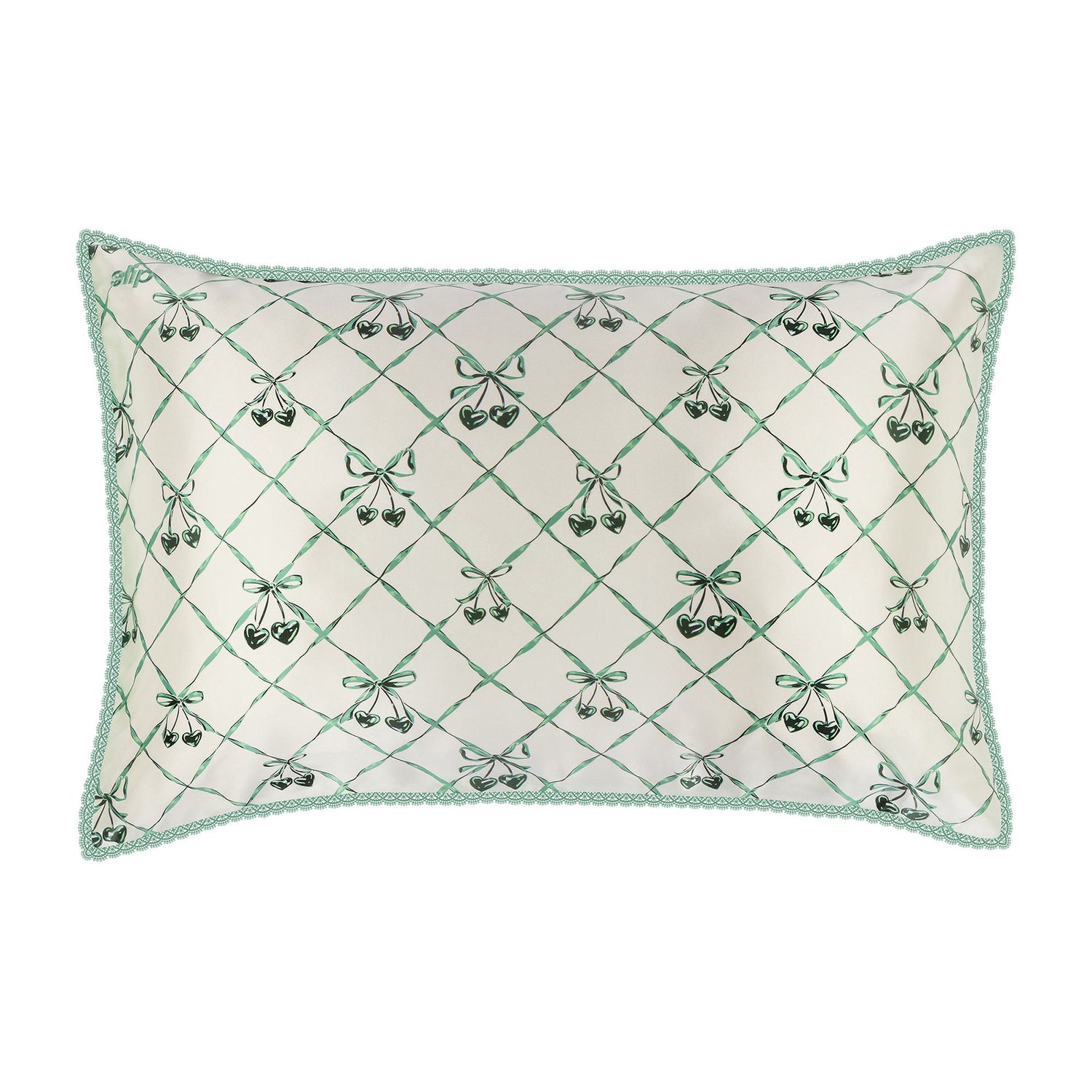 Image of an open Slip Pure Silk Queen Pillowcase with Lace Trim (Limited Edition) variant: Wintergreen