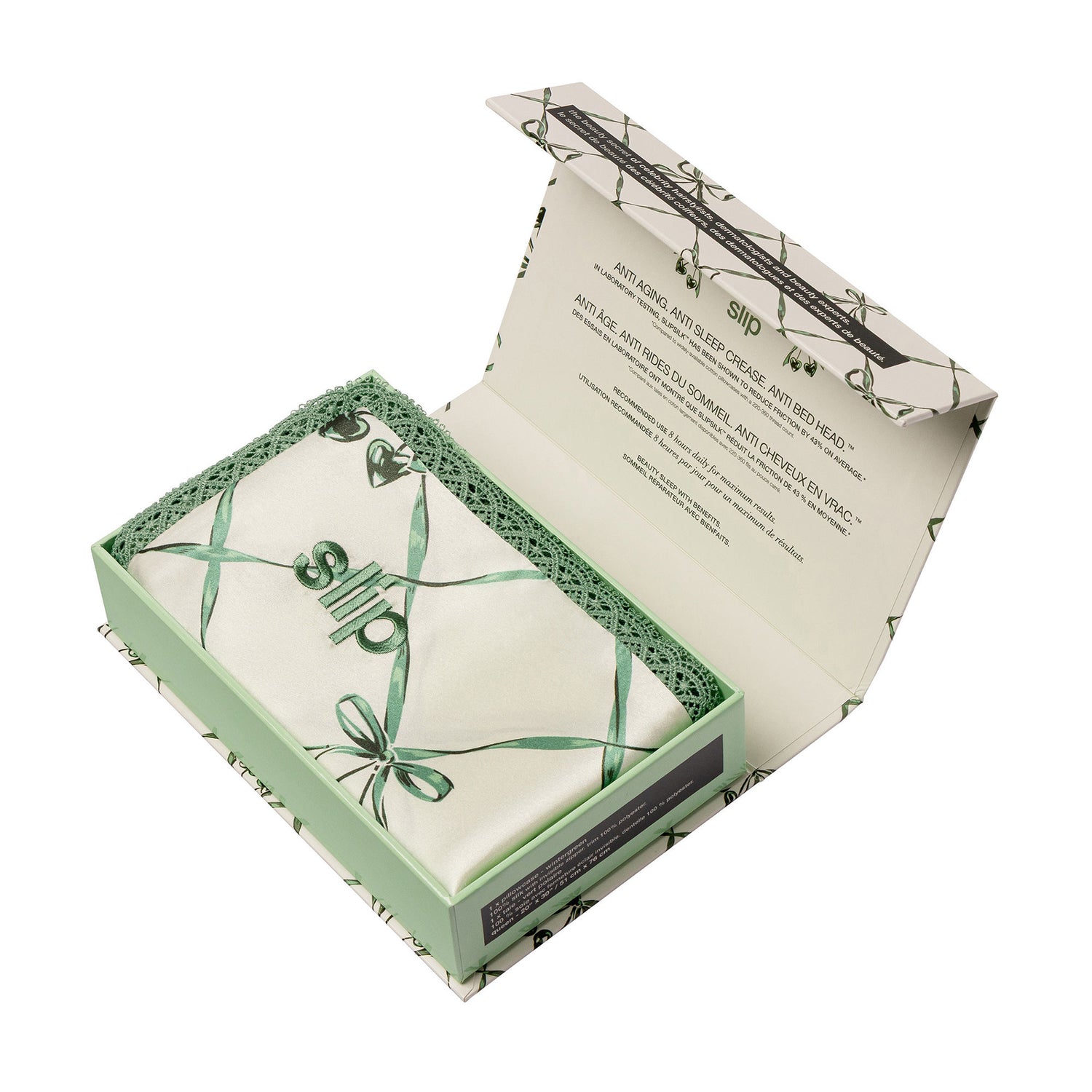 Image of an open Slip Pure Silk Queen Pillowcase with Lace Trim (Limited Edition) variant: Wintergreen