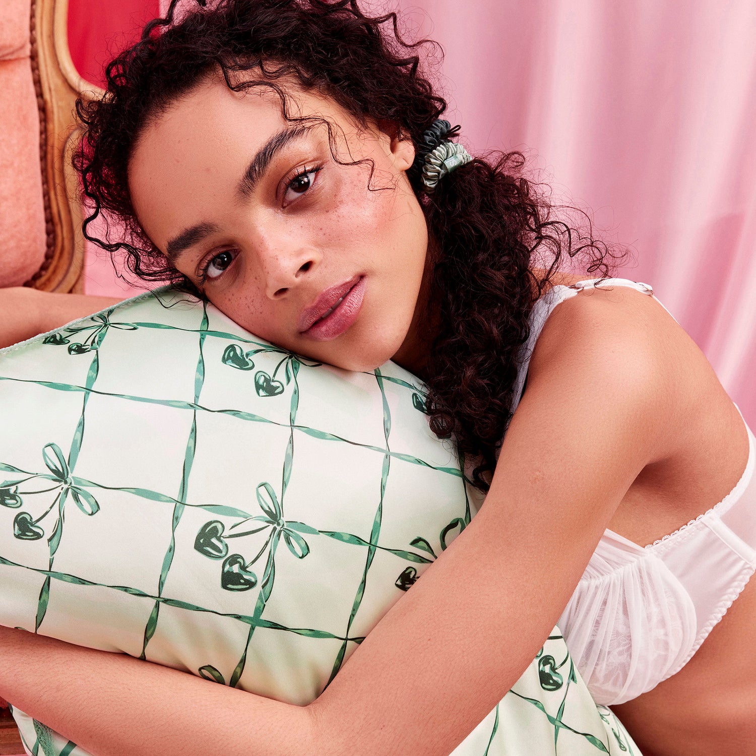 Model image of Slip Pure Silk Queen Pillowcase with Lace Trim (Limited Edition) variant: Wintergreen