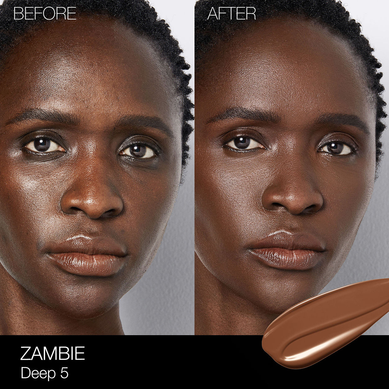 Before and after results of using Nars Light Reflecting Foundation variant: Zambie D5