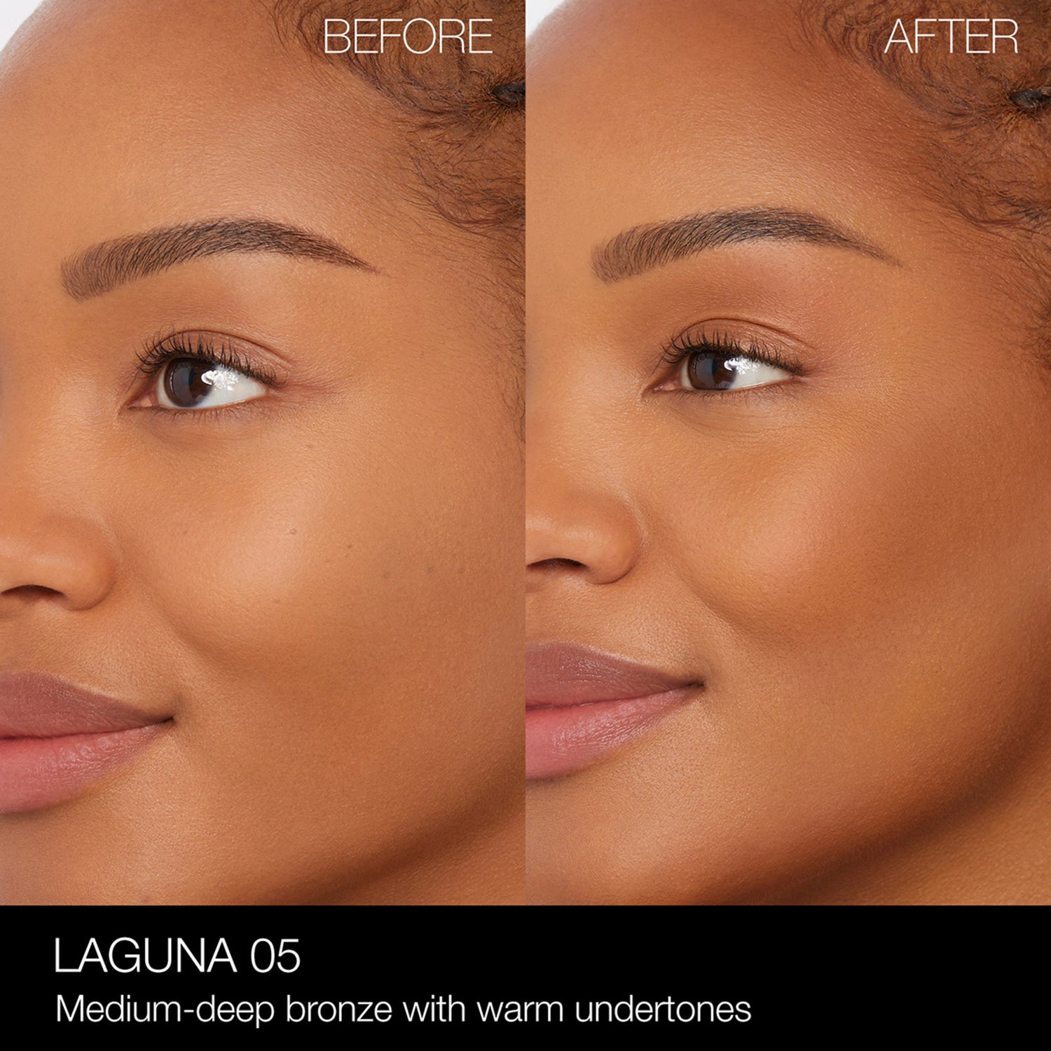 Nars Laguna Bronzing Powder Color/Shade variant: 05 before and after image . This product is for medium and deep complexions