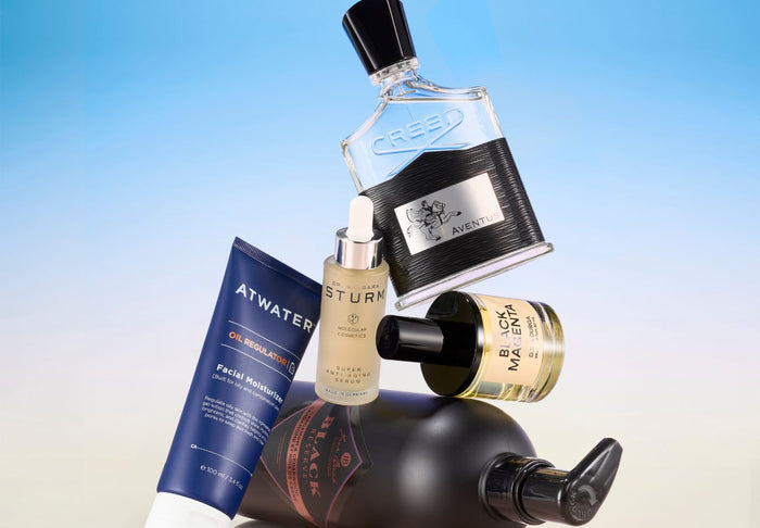 mens personal care products on colored background