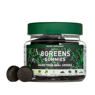 Jar of 8Greens gummies dietary supplement