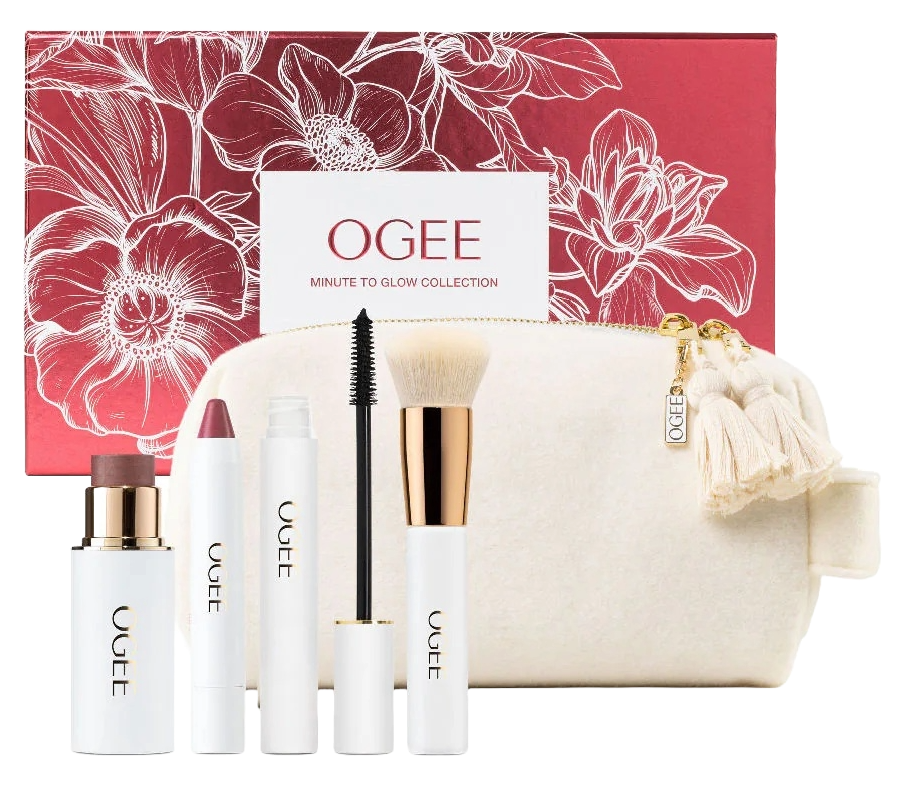 Ogee makeup set with a pouch and floral design in the background