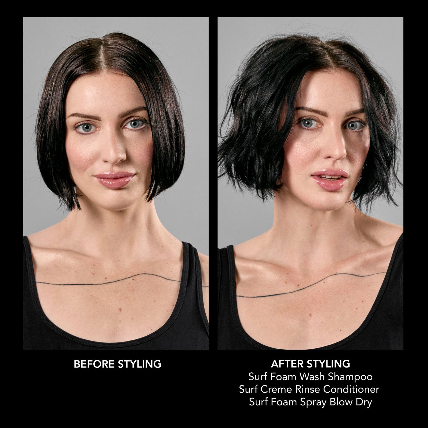 Before and after results of using Bumble and Bumble Surf Foam Wash Shampoo
