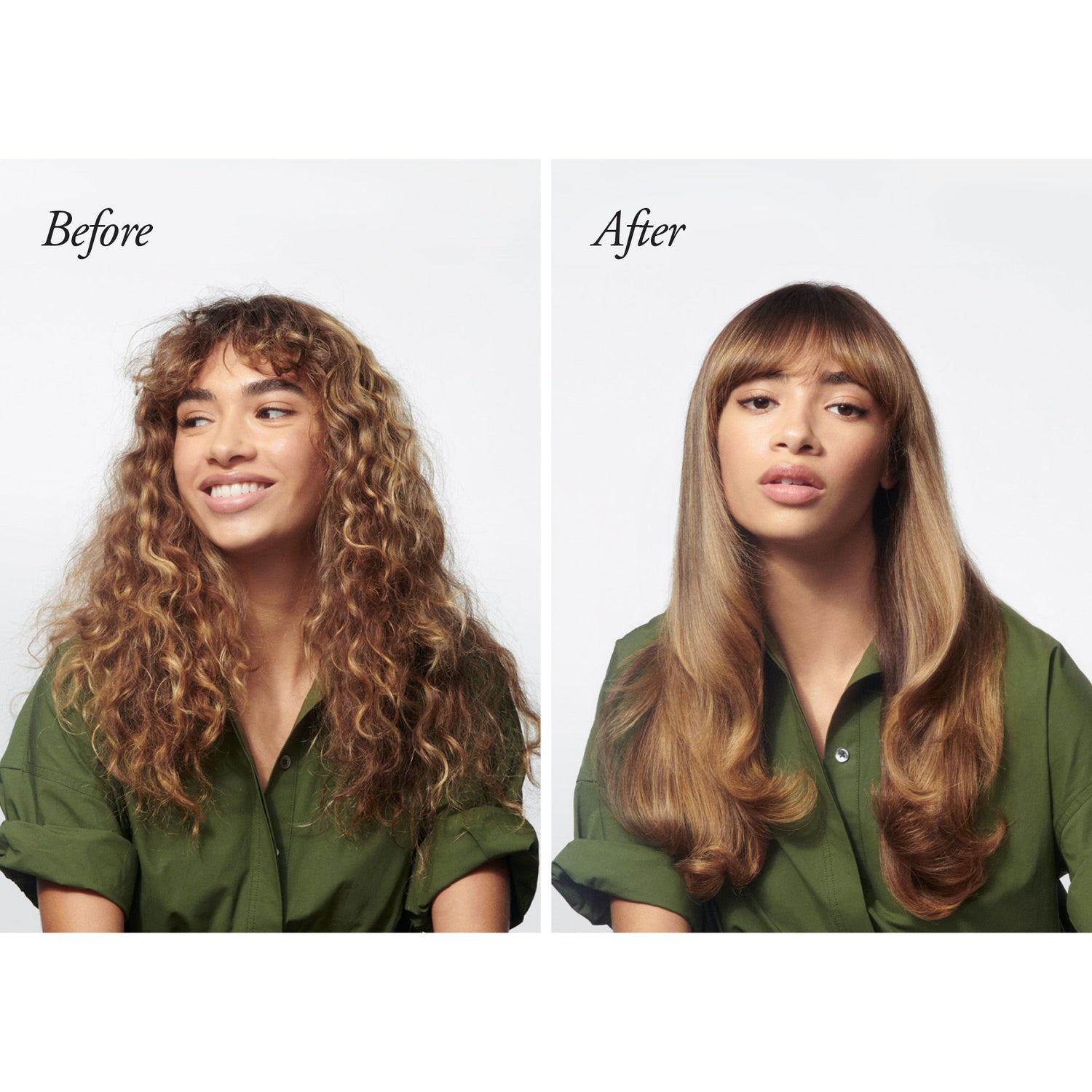 Before and after results of using Oribe Straight Away Smoothing Blowout Cream for Curly Hair