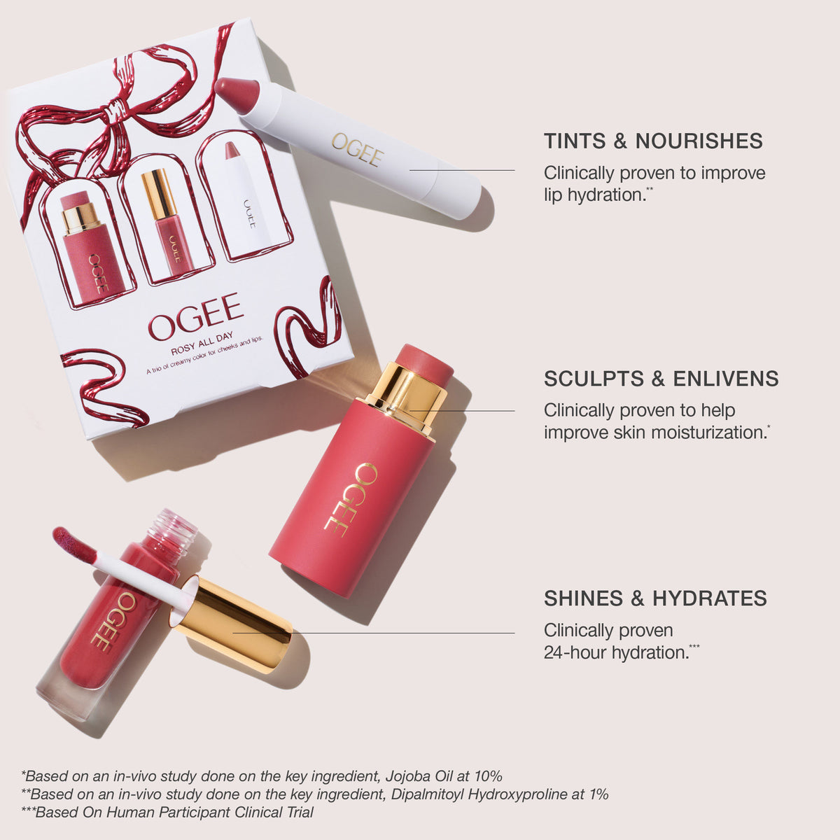 Text states: Tints and nourishes; clinically proven to improve lip hydration. Sculpts and enlivens; clinically proven to help improve skin moisturization. Shine and hydrates; clinically proven 24-hour hydration