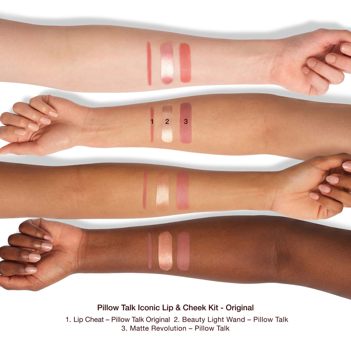 An arm swatch of Charlotte Tilbury Pillow Talk Iconic Lip + Cheek Kit (Limited Edition)