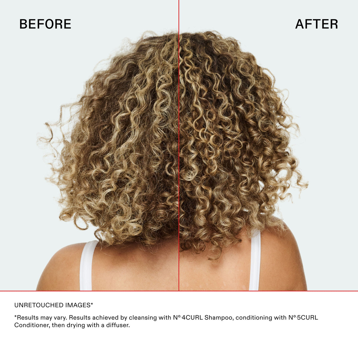 Before and after results of using Olaplex N°4Curl Bond Shaper Hydrating Curl Shampoo
