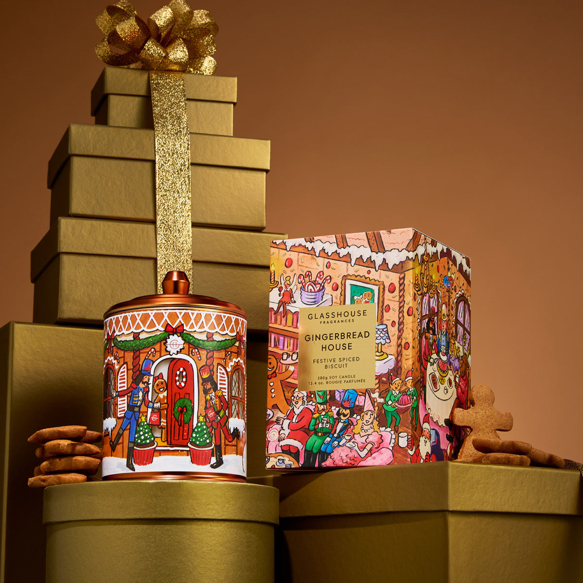 Lifestyle image of Glasshouse Fragrances Gingerbread House Triple Scented Candle (Limited Edition)