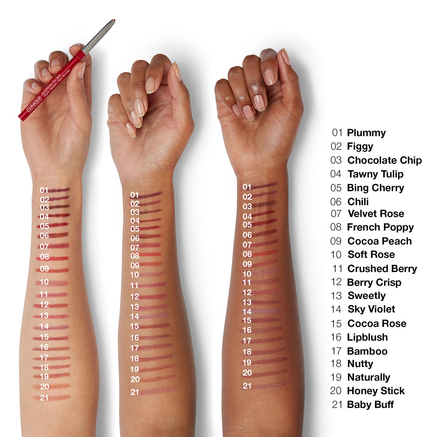 An arm swatch of Clinique Quickliner For Lips