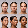 Before and after results of using Vacation Studio Tone SPF 50 Bronzing Drops for Face