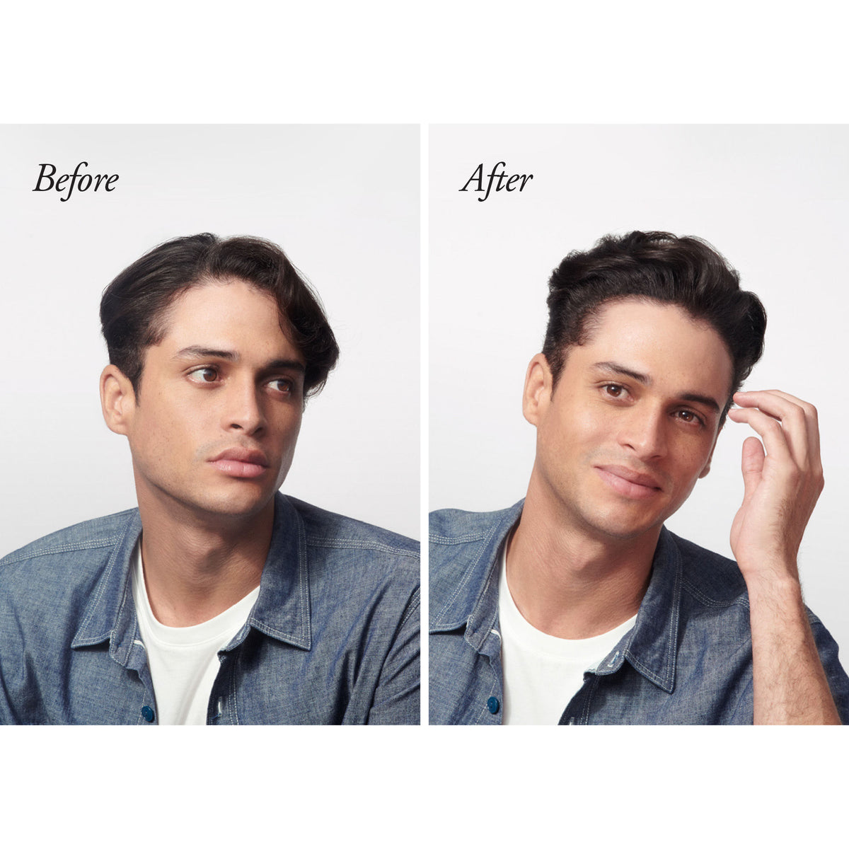 Side-by-side comparison of a man’s hair before and after styling with Oribe Rough Luxury Soft Molding Paste for Definition & Shine to improve texture and provide a flexible hold.