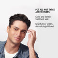 A man touches his hair next to text reading FOR ALL HAIR TYPES AND TEXTURES alongside a container of Oribe Rough Luxury Soft Molding Paste for Definition & Shine, which provides flexible, color-safe, vegan hold.