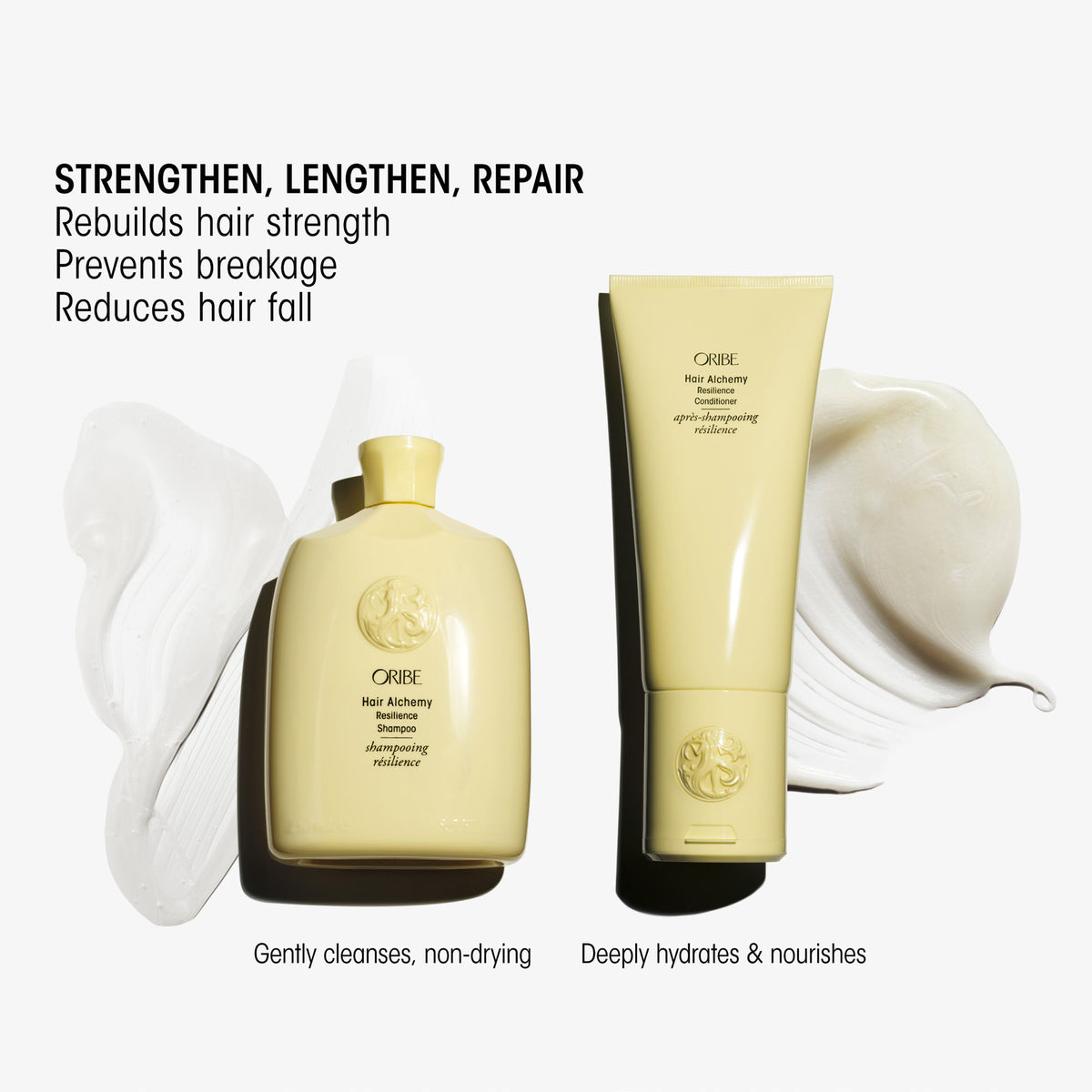 A pale yellow Hair Alchemy Strengthening Mini Travel Set shampoo bottle and conditioner tube displayed with product smears and text highlighting benefits to strengthen, repair, and hydrate fragile, breakage-prone hair.