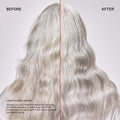 Before and after results of using Olaplex No.4P Blonde Enhancer Purple Toning Shampoo