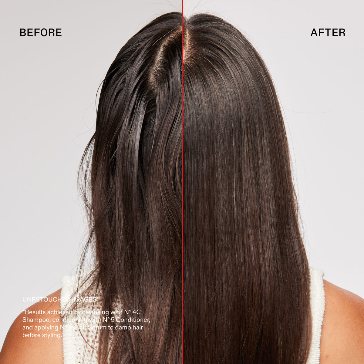 Before and after results of using Olaplex No.4C Bond Maintenance Clarifying Shampoo