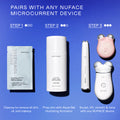 Three-step skin care guide showing a facial towelette for cleansing, Aqua Gel Hydrating Microcurrent Activator with Hyaluronic Acid for prepping skin, and two microcurrent devices for sculpting and toning.
