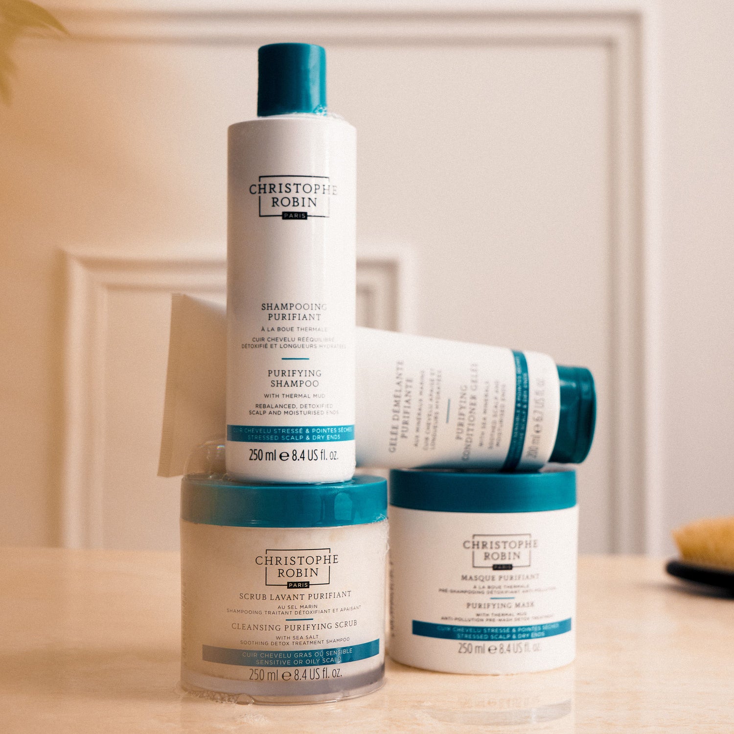 Lifestyle image of Christophe Robin Purifying Conditioner Gelée with Sea Minerals