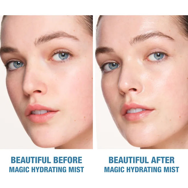 Before and after results of using Charlotte Tilbury Charlotte's Magic Hydrator Mist