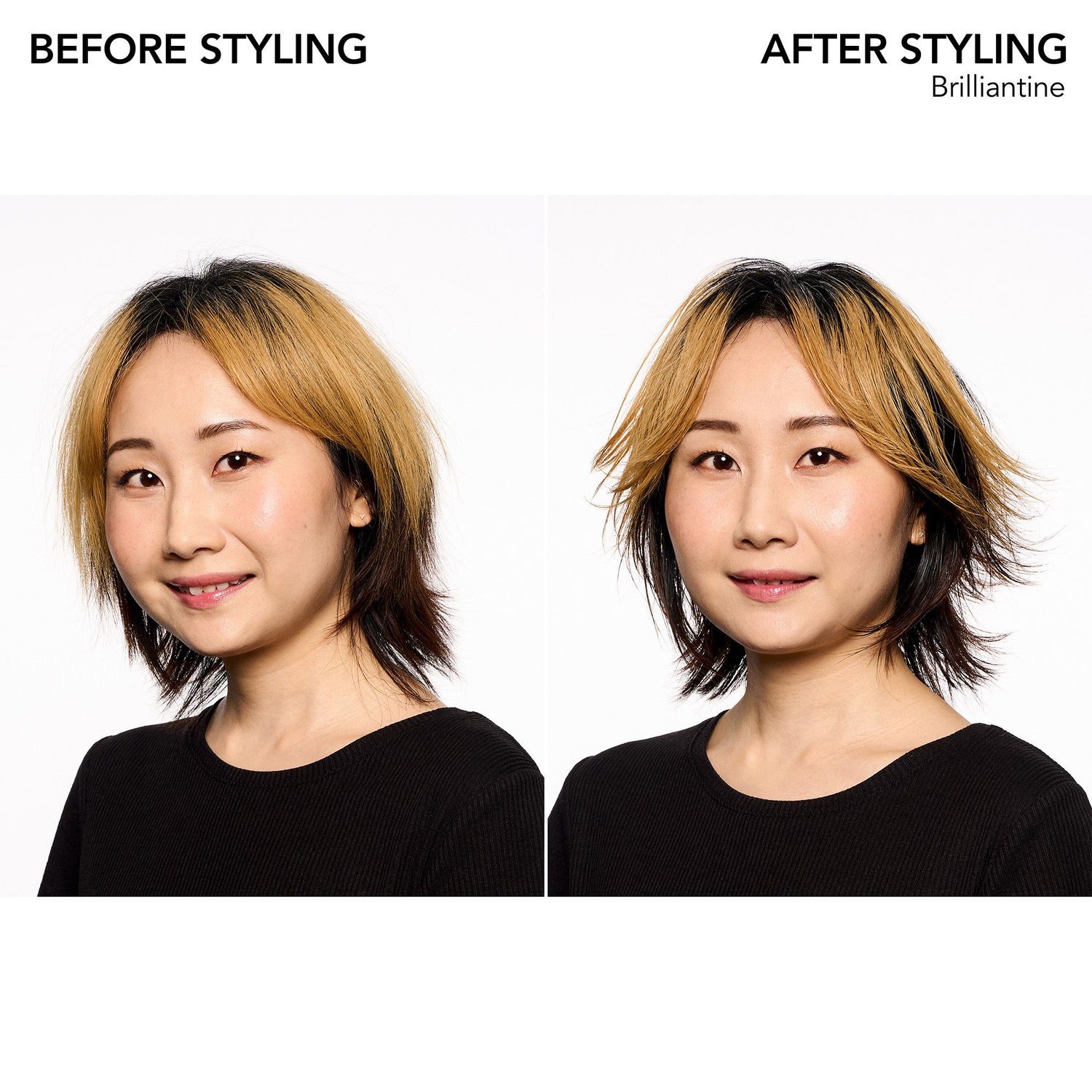 Before and after results of using Bumble and Bumble Brilliantine