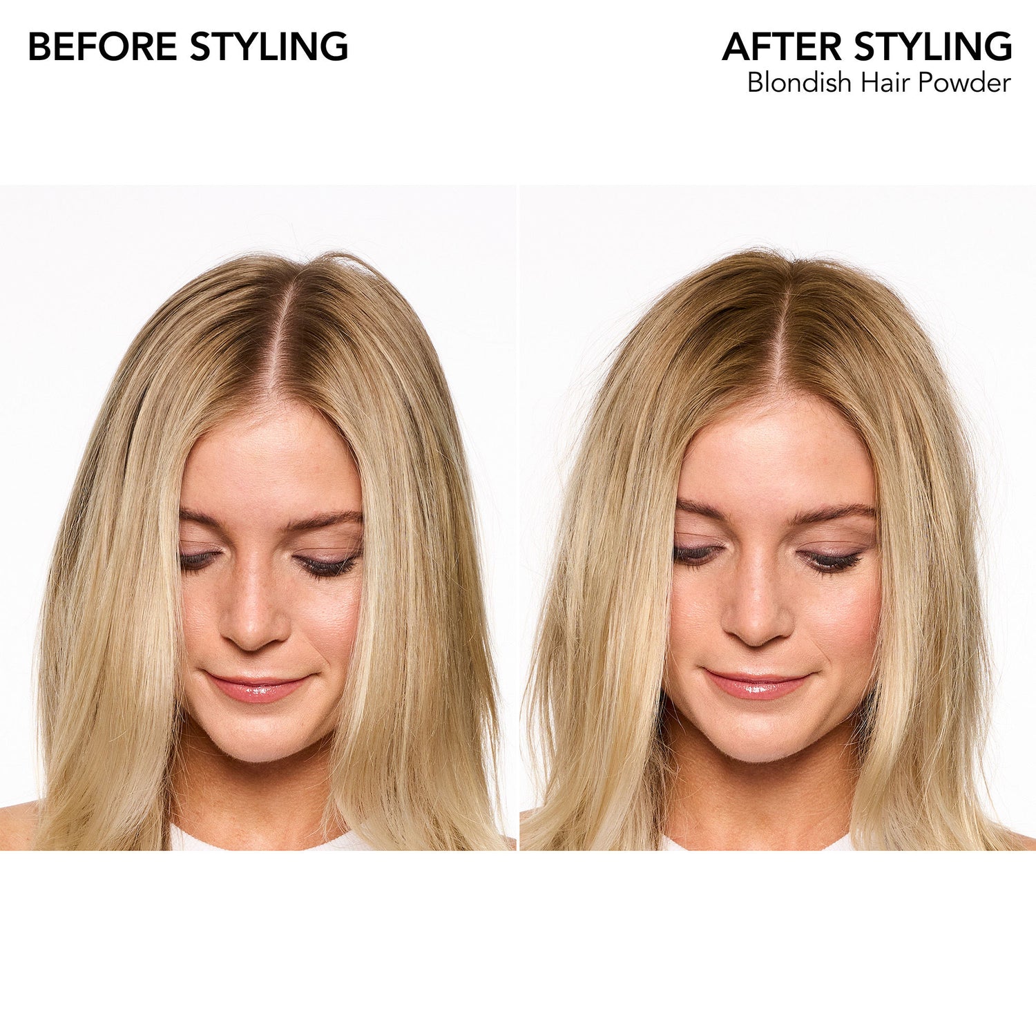 Before and after results of using Bumble and Bumble Blondish Hair Powder