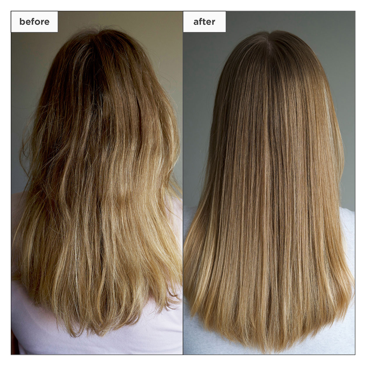 Before and after results of using Briogeo Don’t Despair, Repair! Moisture and Damage Defense Leave-In Hair Treatment