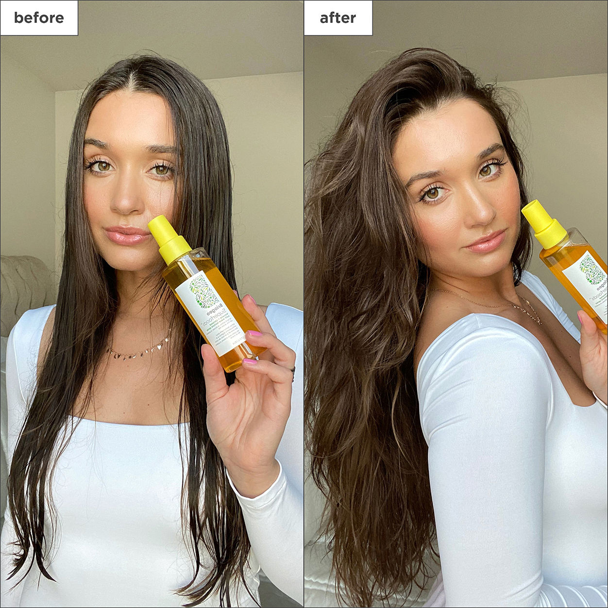 Before and after results of using Briogeo Superfoods Banana and Coconut Hydrating Salt-Free Soft Wave Texture Spray