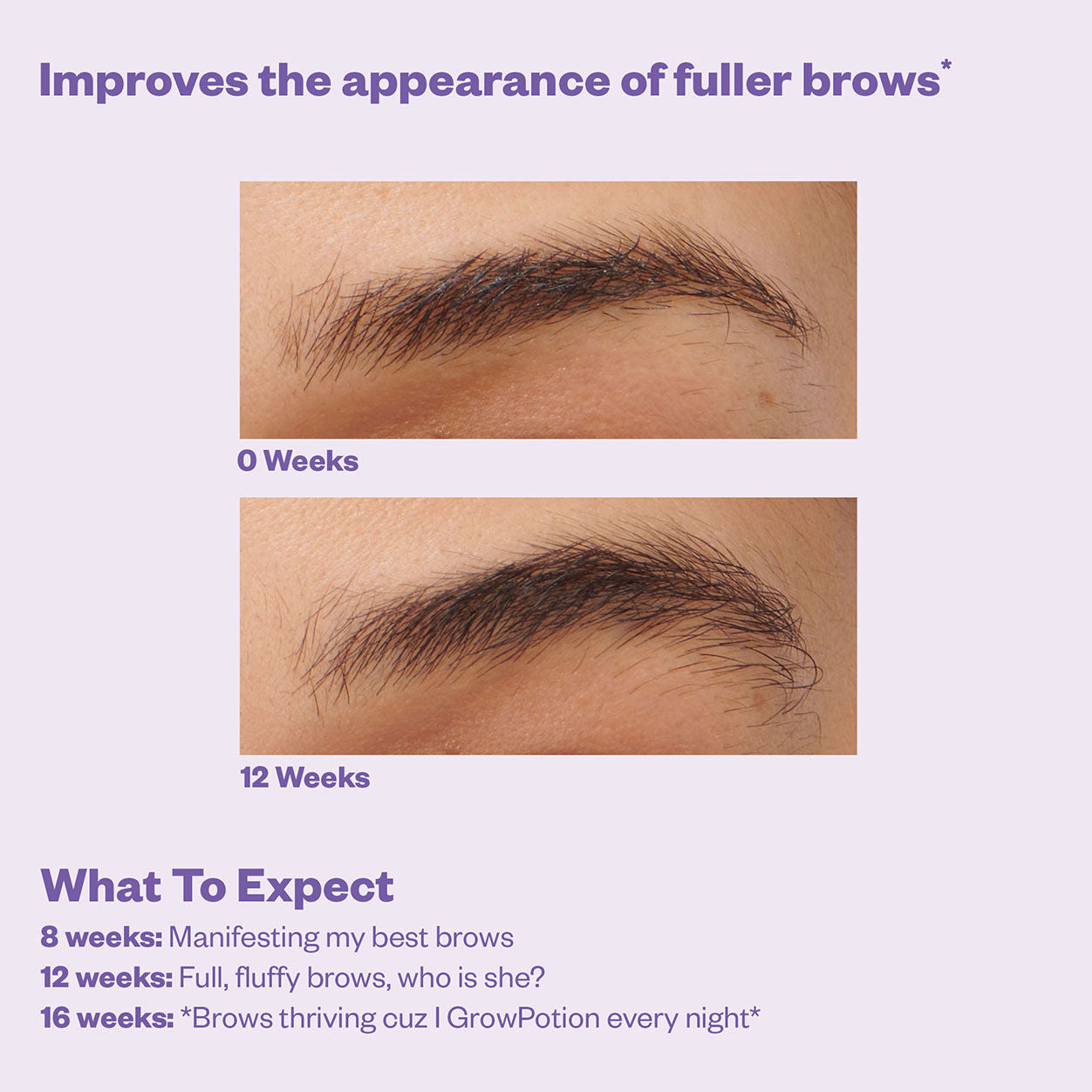 Before and after results of using Kosas GrowPotion Fluffy Lash and Brow Boosting Serum