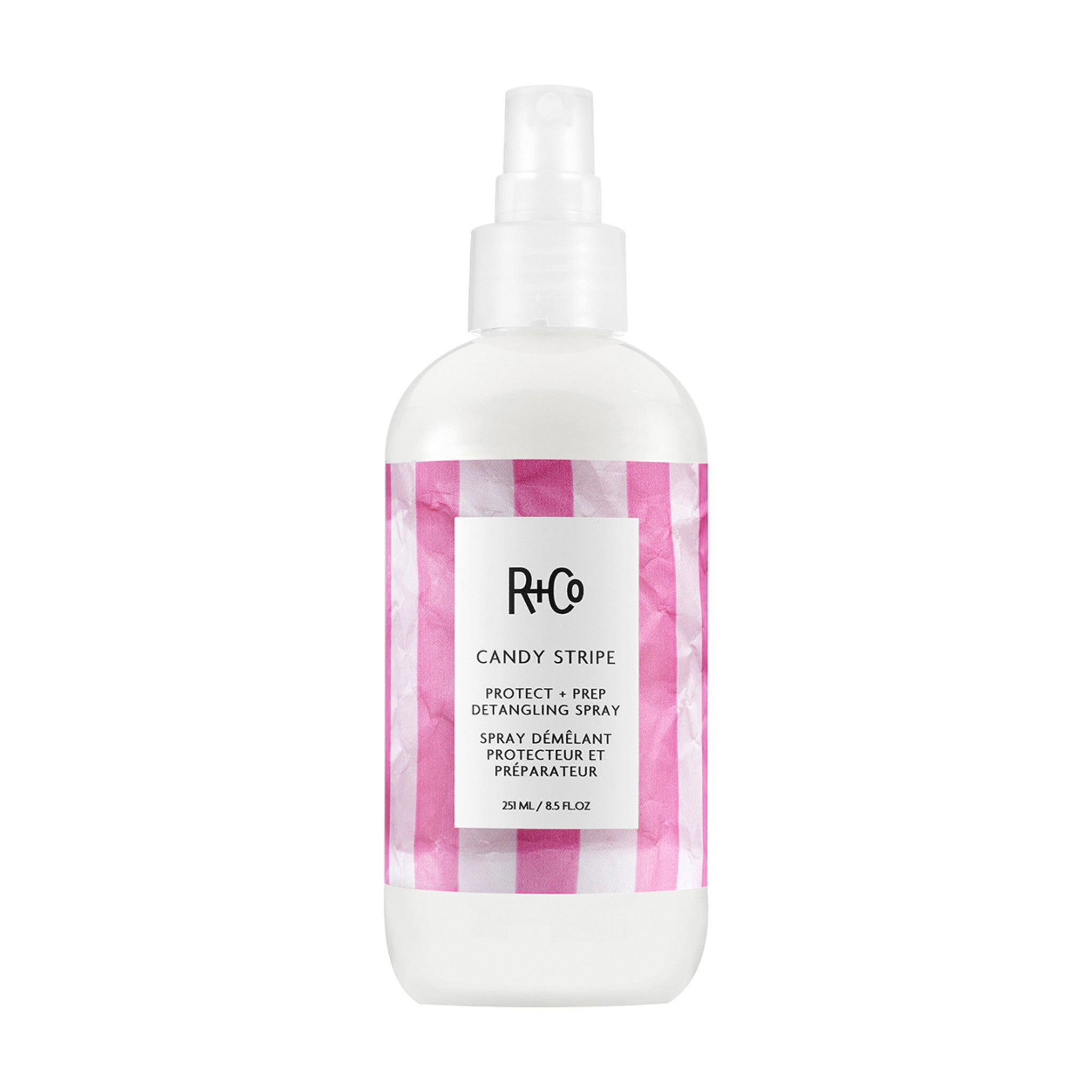 R+Co Candy Stripe Protect and Prep Detangling Spray main image.