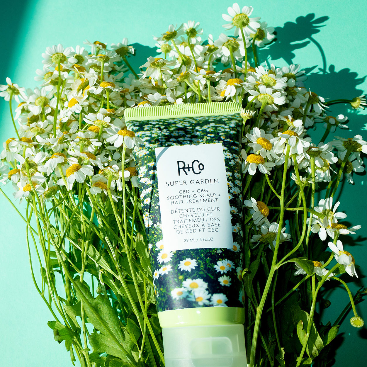 Lifestyle image of R+Co Super Garden CBD and CBG Scalp Treatment